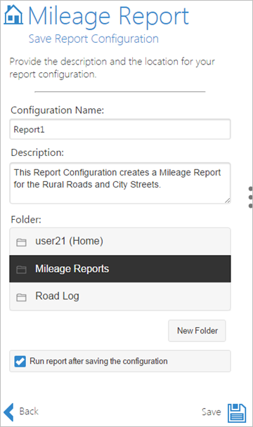 Saving report configuration - Mileage Report